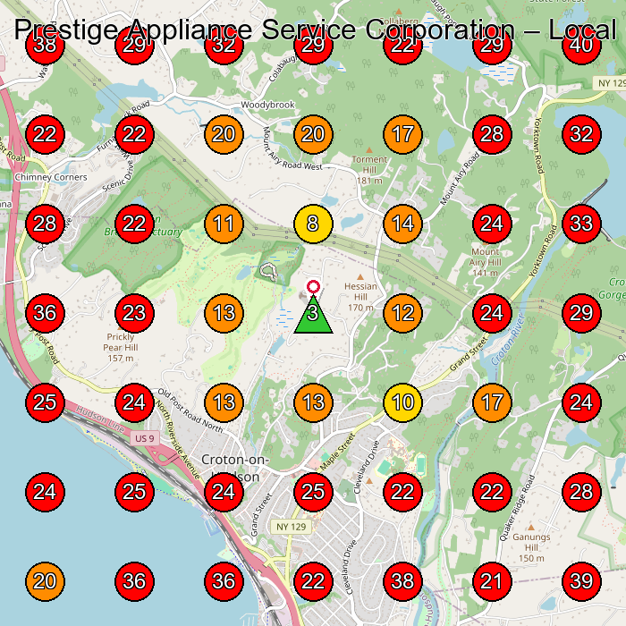 Prestige Appliance Service Corporation GeoGrid visibility map for Dry Wall Contractor in Croton-On-Hudson